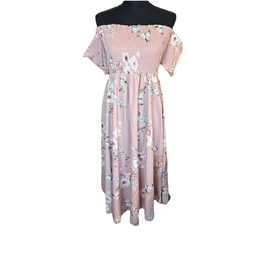 Womens L Off Shoulder Boho Floral Slit Maxi Dress Beach Summer Derby Sundress